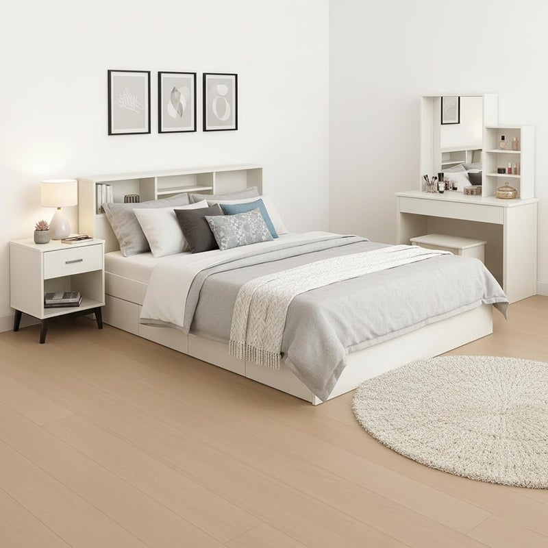RIGID مجموعة أثاث غرفة نوم ريجيد الحديثة - سرير MDF أبيض مع تخزين في الرأس، طاولة جانبية، طاولة زينة مع مرآة، رف وكرسي - Image 2